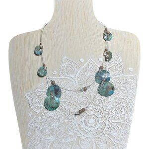 Boho Turquoise Multistrand Abalone Shell Illusion Necklace Wire Layered 16-19”